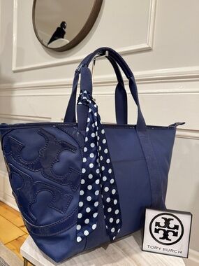 Tory Burch Large Navy Logo Dipped Canvas Travel Tote